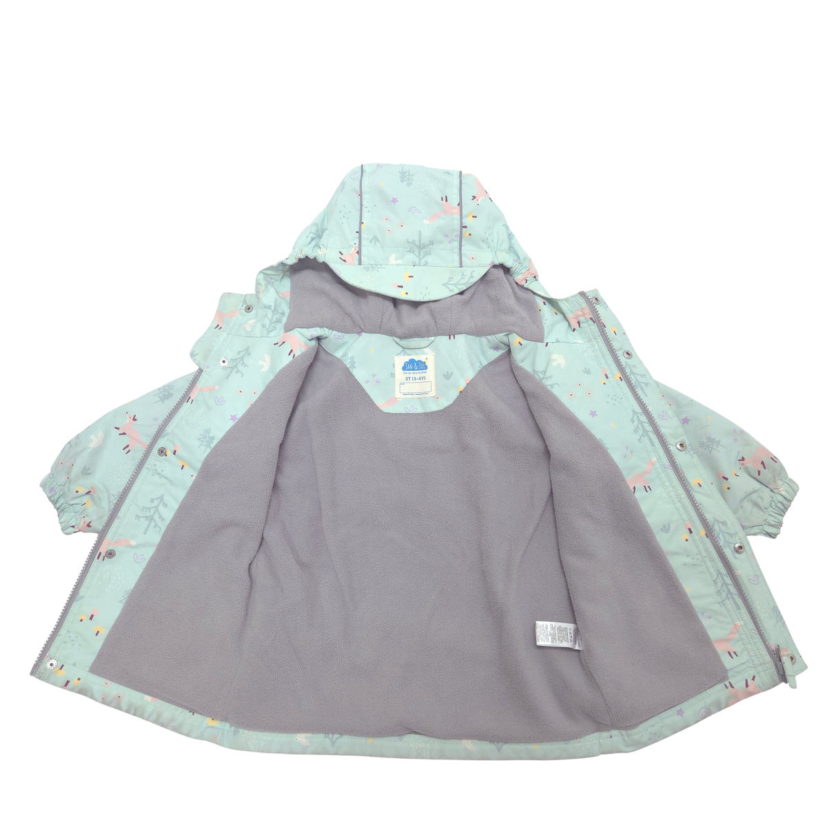 A hooded children's jacket shown open against a plain white background, with a light mint green outer fabric printed with small colorful animal motifs and a solid gray inner lining.