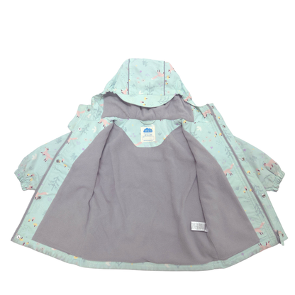 A hooded children's jacket shown open against a plain white background, with a light mint green outer fabric printed with small colorful animal motifs and a solid gray inner lining.