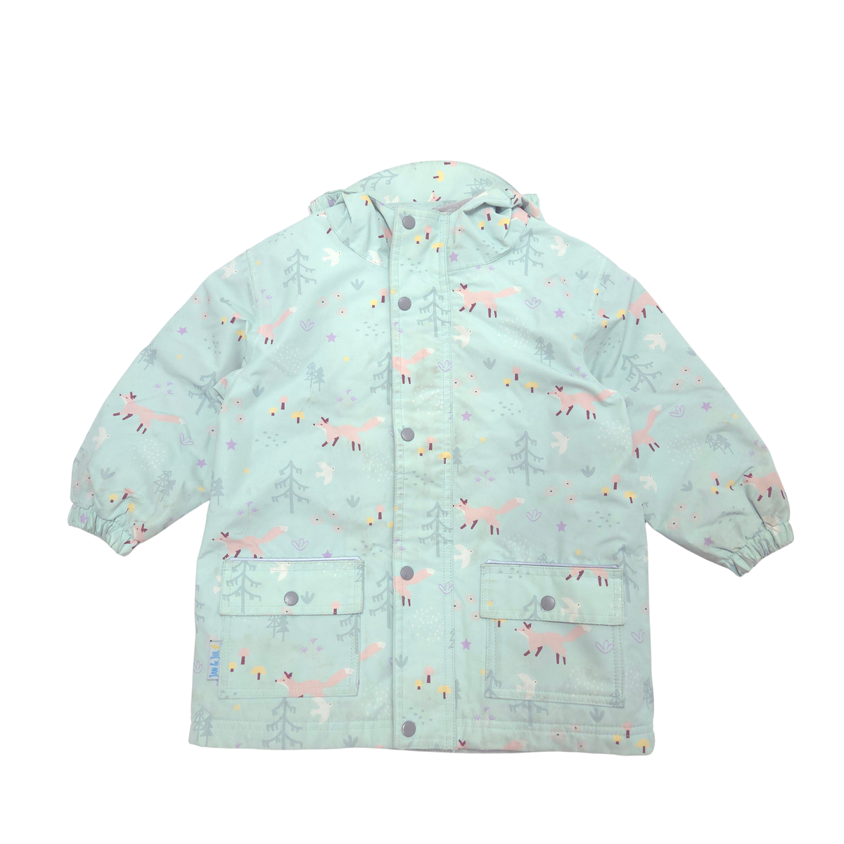 A light mint green hooded jacket with an all-over whimsical print of pink foxes, gray trees, and small stars, shown flat against a white background.