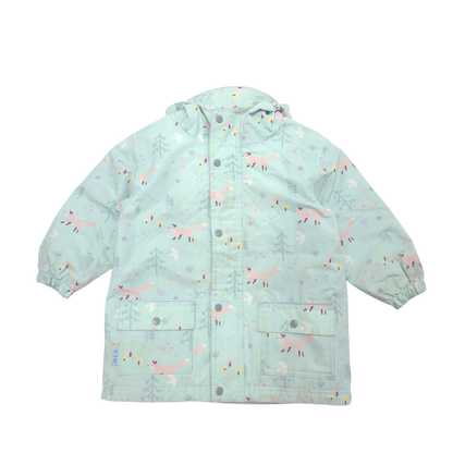 A light mint green hooded jacket with an all-over whimsical print of pink foxes, gray trees, and small stars, shown flat against a white background.