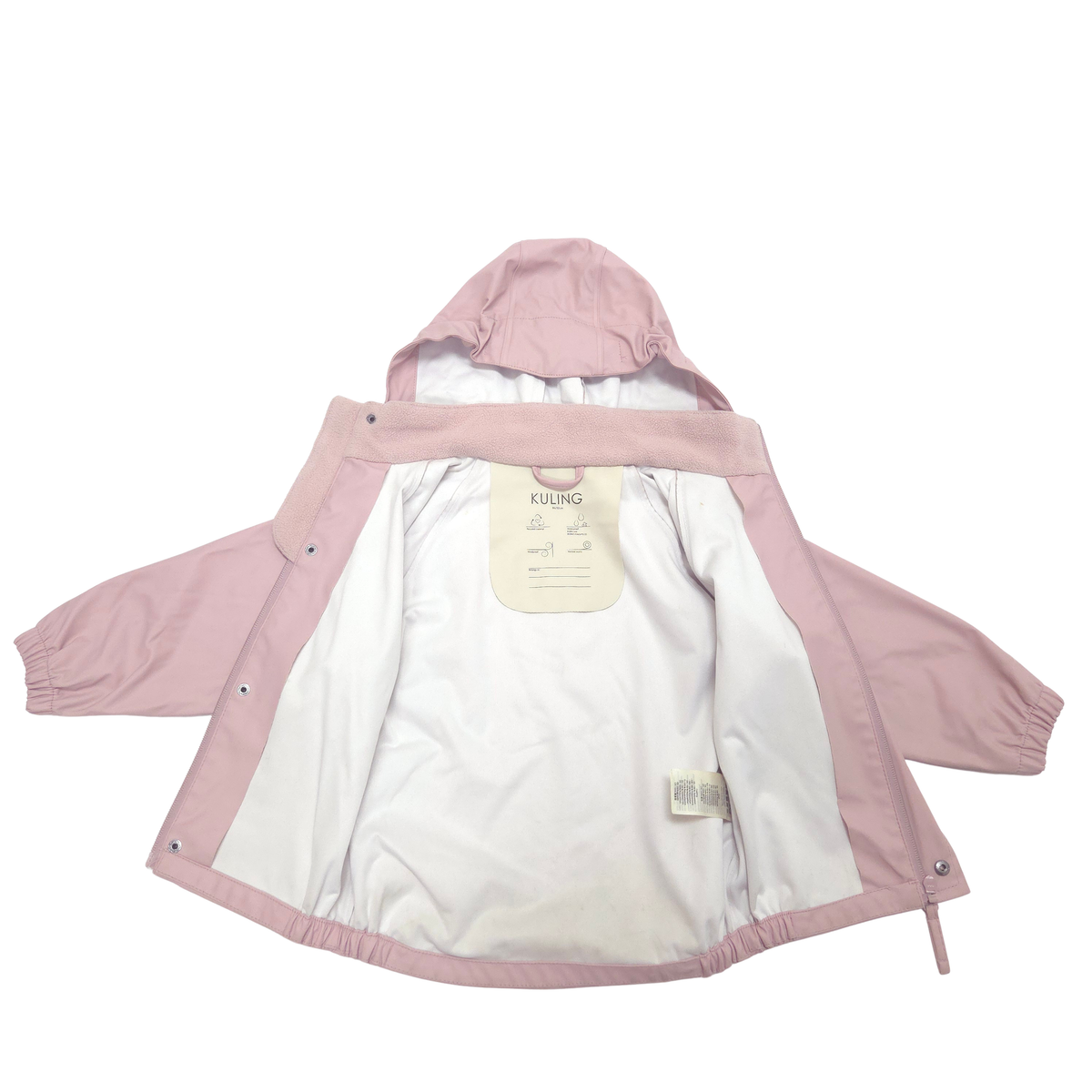 A pink hooded rain jacket shown flat against a white background, with the hood up and the interior lining visible. 