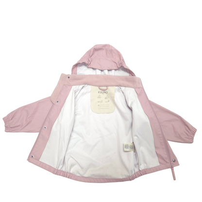 A pink hooded rain jacket shown flat against a white background, with the hood up and the interior lining visible. 