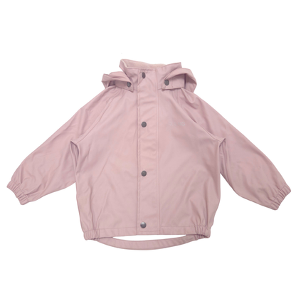 A dusty pink hooded rain jacket with a snap-button front and elastic cuffs, laid flat on a white background.