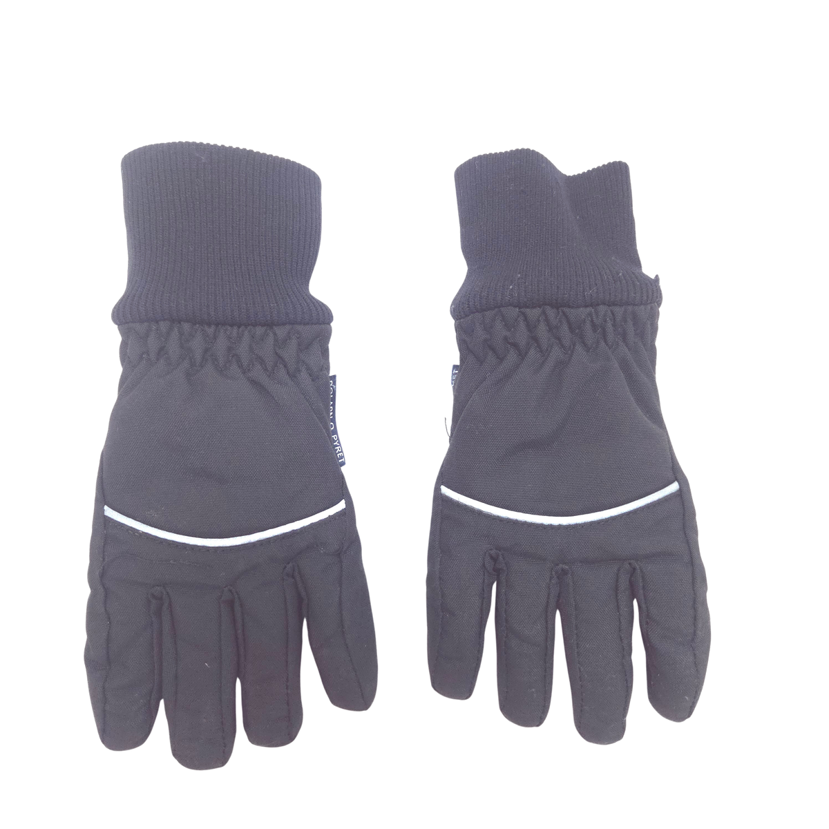 A pair of black winter gloves shown from the back, featuring ribbed knit cuffs, a textured wavy band, and a thin white horizontal stripe across the back of the hands.