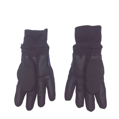 A pair of black winter gloves with textured grip panels on the backs of the hands and ribbed knit cuffs, displayed against a plain white background.