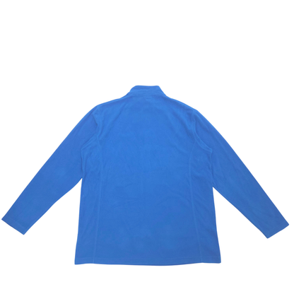 A bright blue long-sleeve mock neck shirt shown from the back, laid flat against a solid white background.