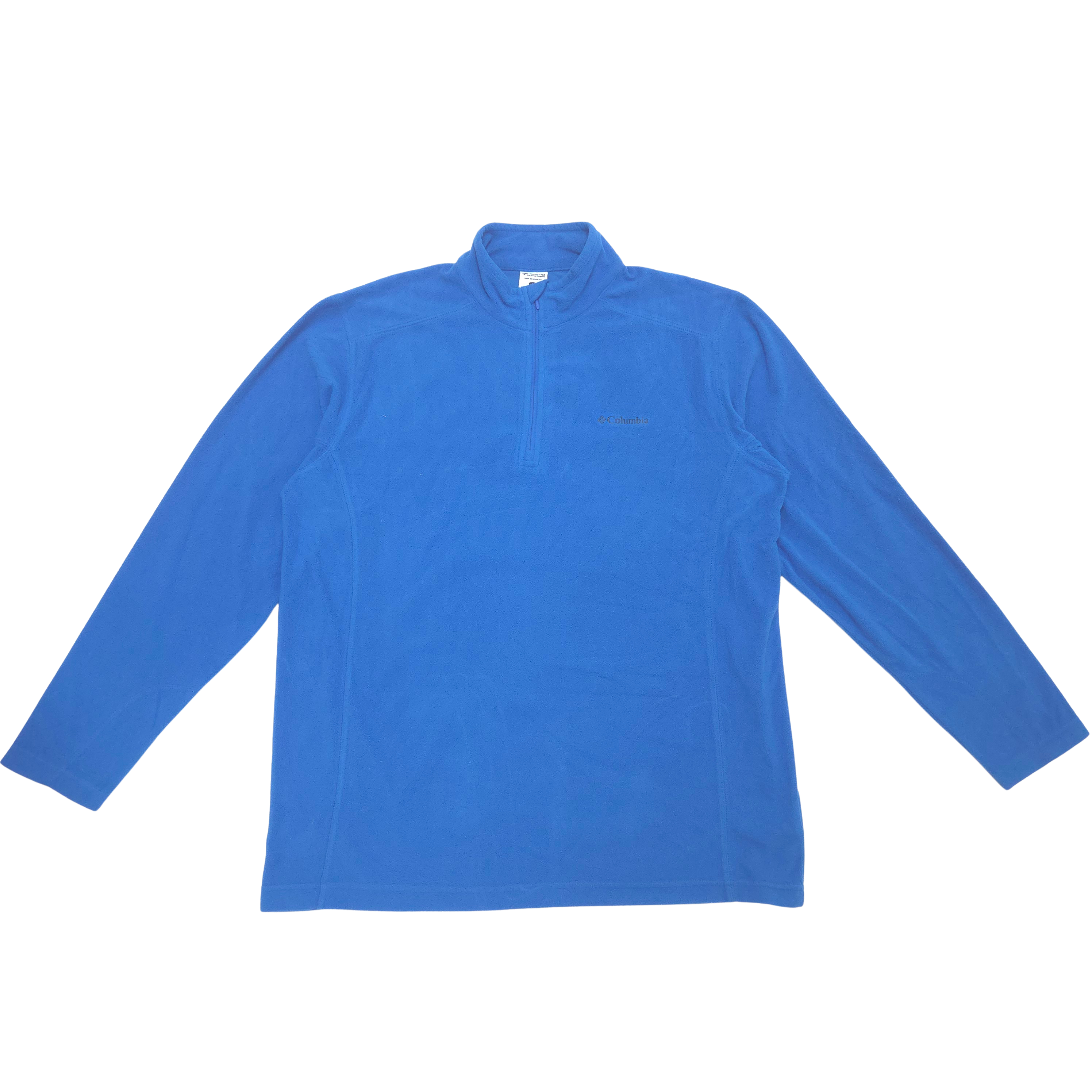 A bright blue long-sleeve quarter-zip pullover sweatshirt laid flat against a white background.