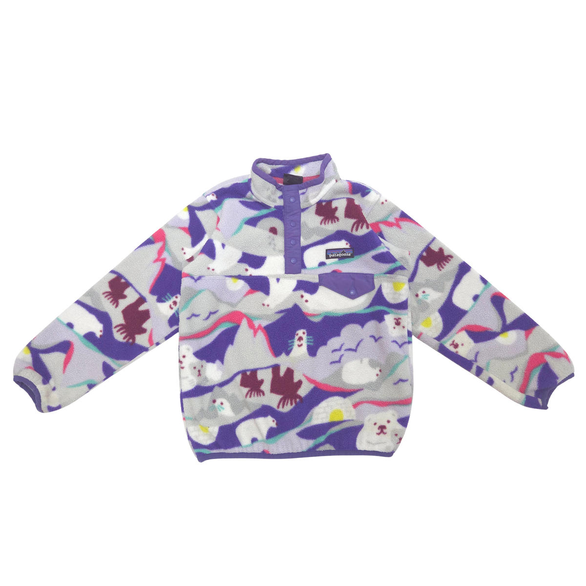 A children's Patagonia fleece pullover with a purple stand collar and a colorful all-over print of polar bears, penguins, and mountains on a light gray background.