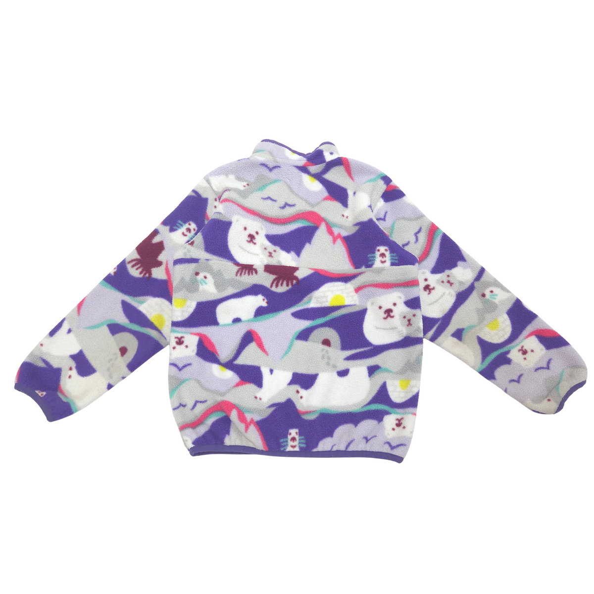 A long-sleeve fleece pullover sweatshirt featuring a whimsical polar bear and snow landscape print on a purple background, shown flat against a white background.