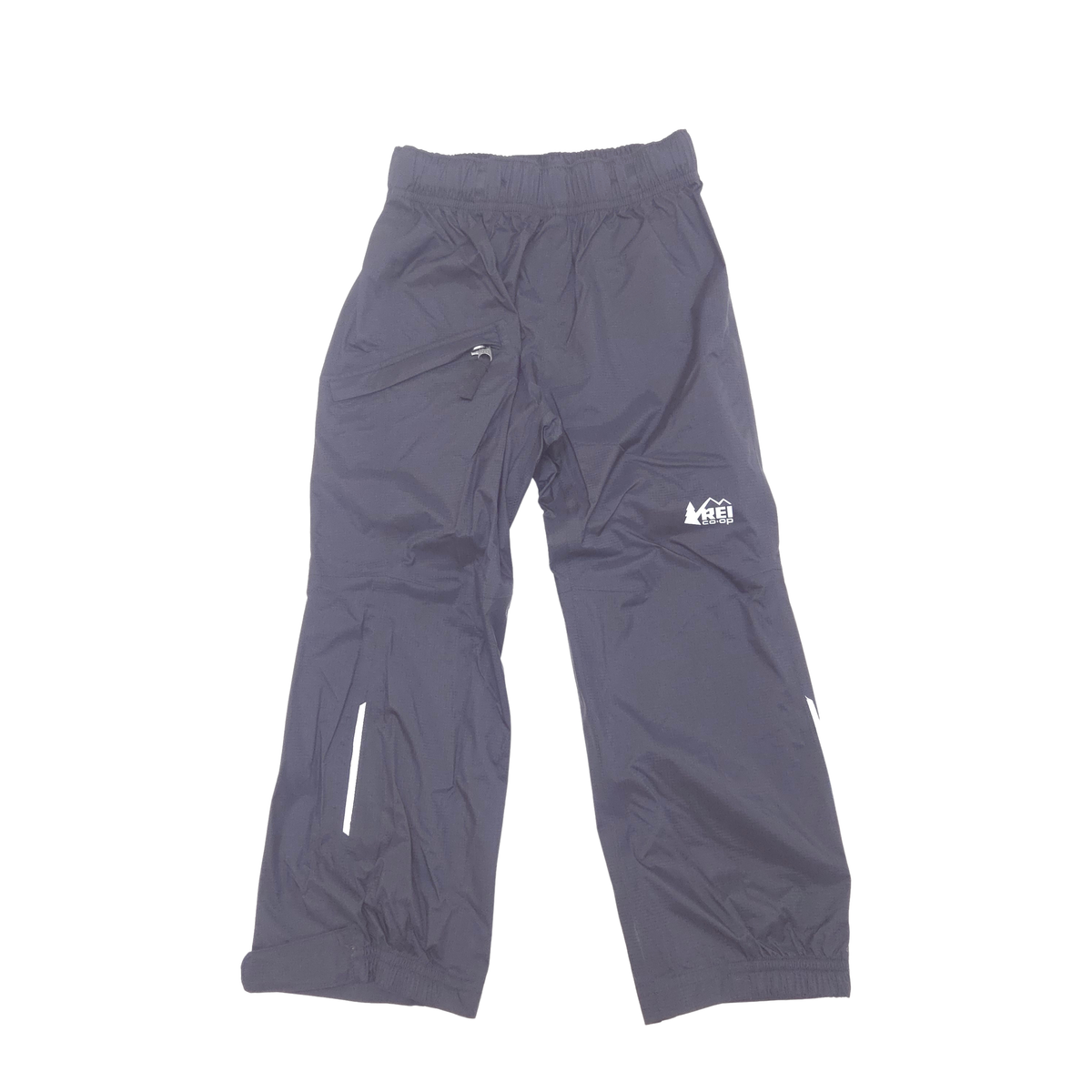 Black outdoor shell pants with an elastic waistband, zippered pockets, and a small white logo on the left thigh, shown against a plain white background.