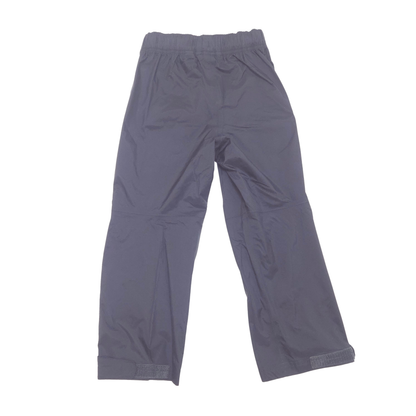 A pair of black pants with an elastic waistband and adjustable cuffs, laid flat against a white background.