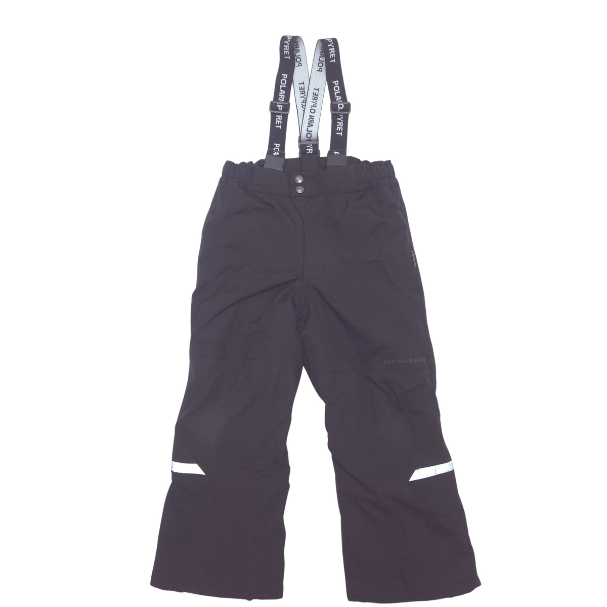 Black ski pants with adjustable suspenders, featuring white reflective striping near the lower legs and white suspenders with black branding.