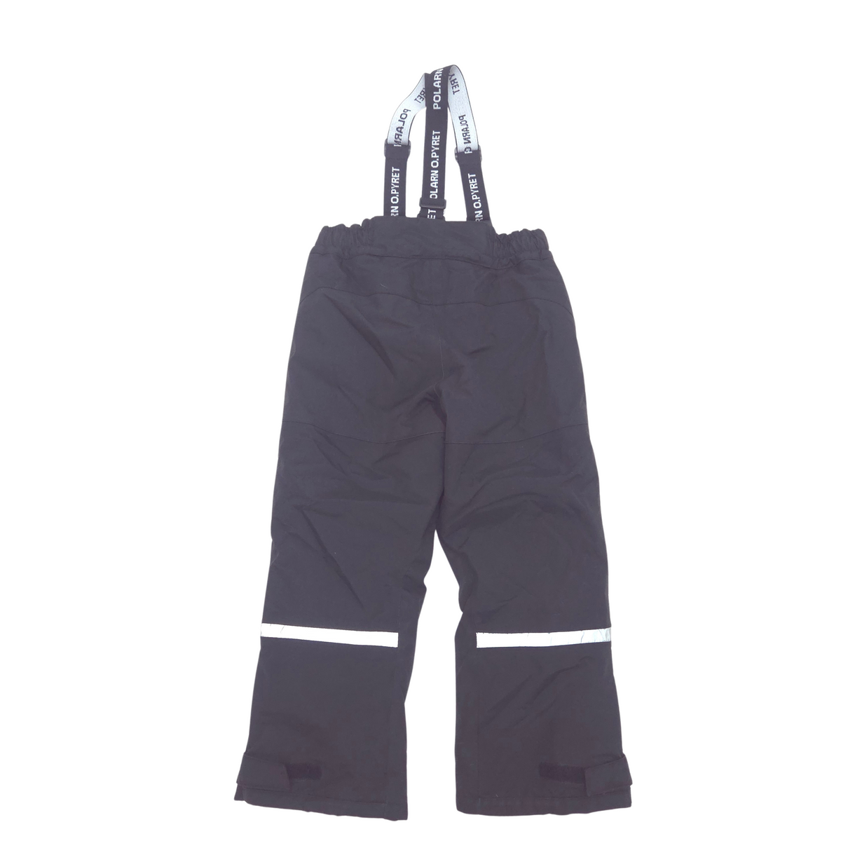 Black snow pants with white reflective stripes on the lower legs and adjustable suspenders, shown flat on a white background.
