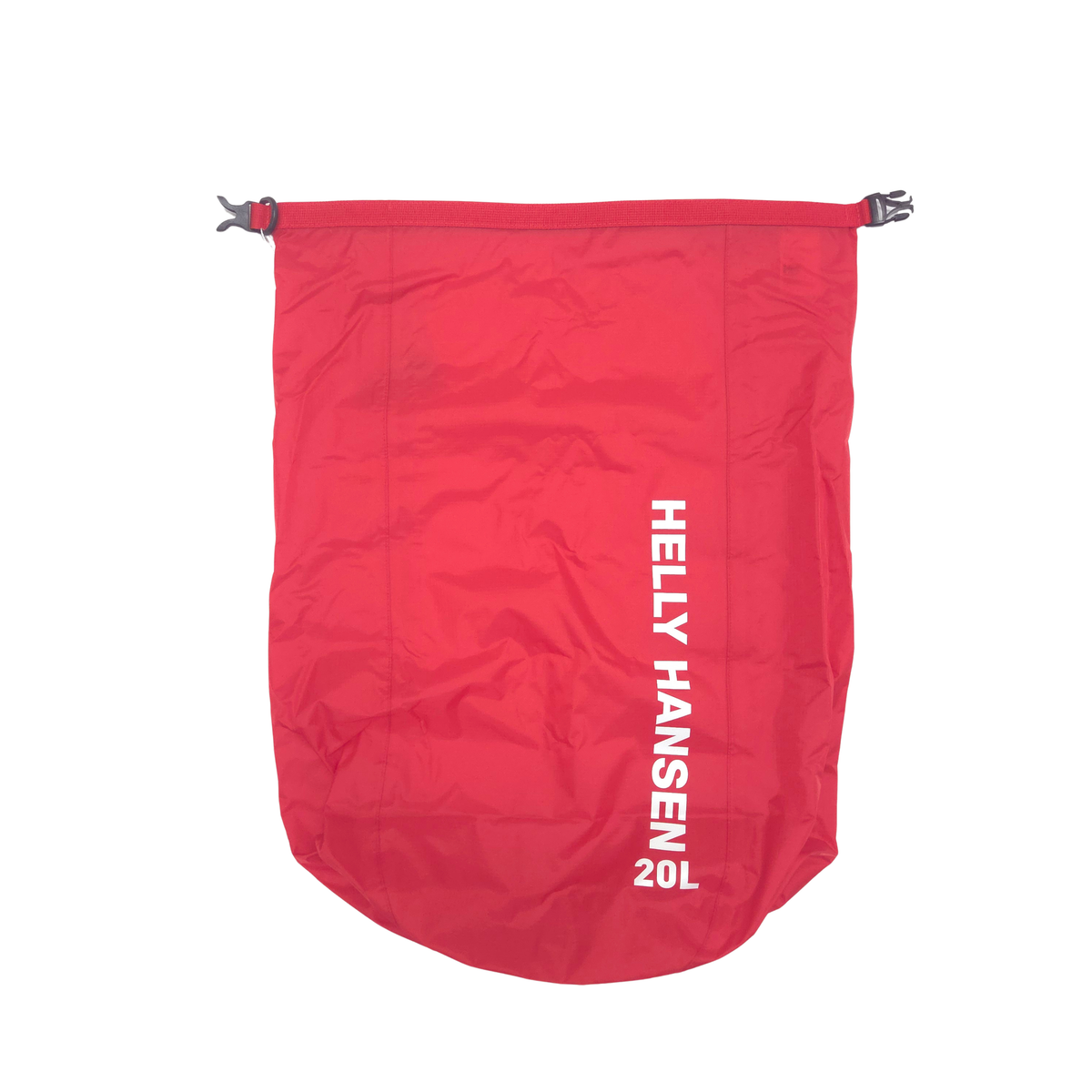 A red drawstring dry bag  by Helly Hansen, featuring the brand name printed vertically in white on the right side, shown against a plain white background.
