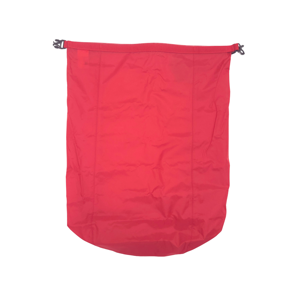 A red dry bag with a clips on top, shown against a plain white background.