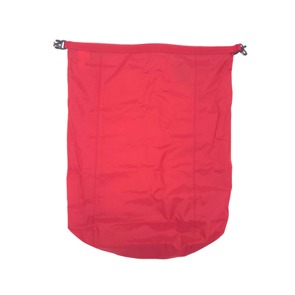 A red dry bag with a clips on top, shown against a plain white background.