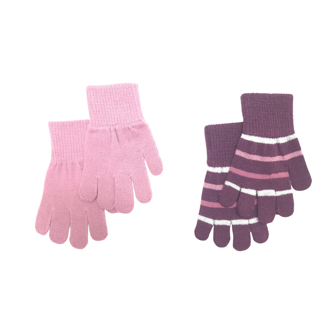 Two pairs of knit gloves on a white background: one pair is light pink, and the other pair is dark purple with horizontal pink and white stripes.