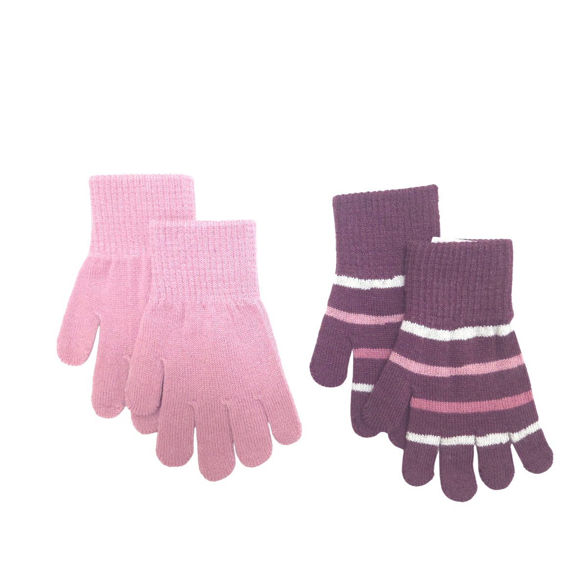 Two pairs of knit gloves on a white background: one pair is light pink, and the other pair is dark purple with horizontal pink and white stripes.
