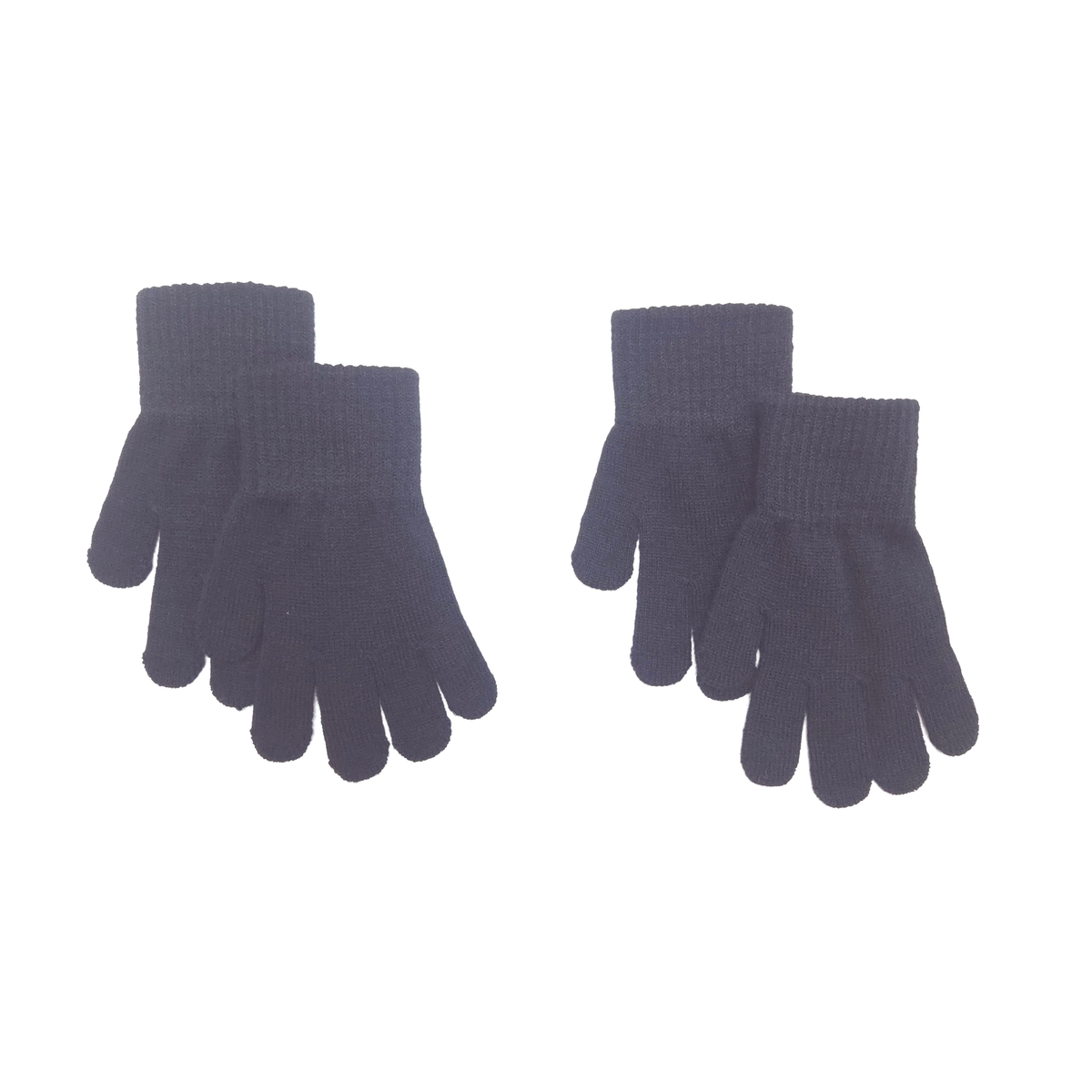 Four pairs of black knit gloves arranged symmetrically on a plain white background.