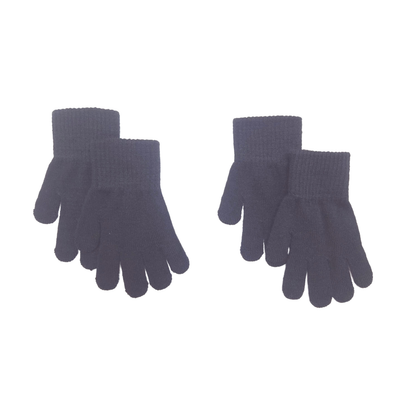 Four pairs of black knit gloves arranged symmetrically on a plain white background.