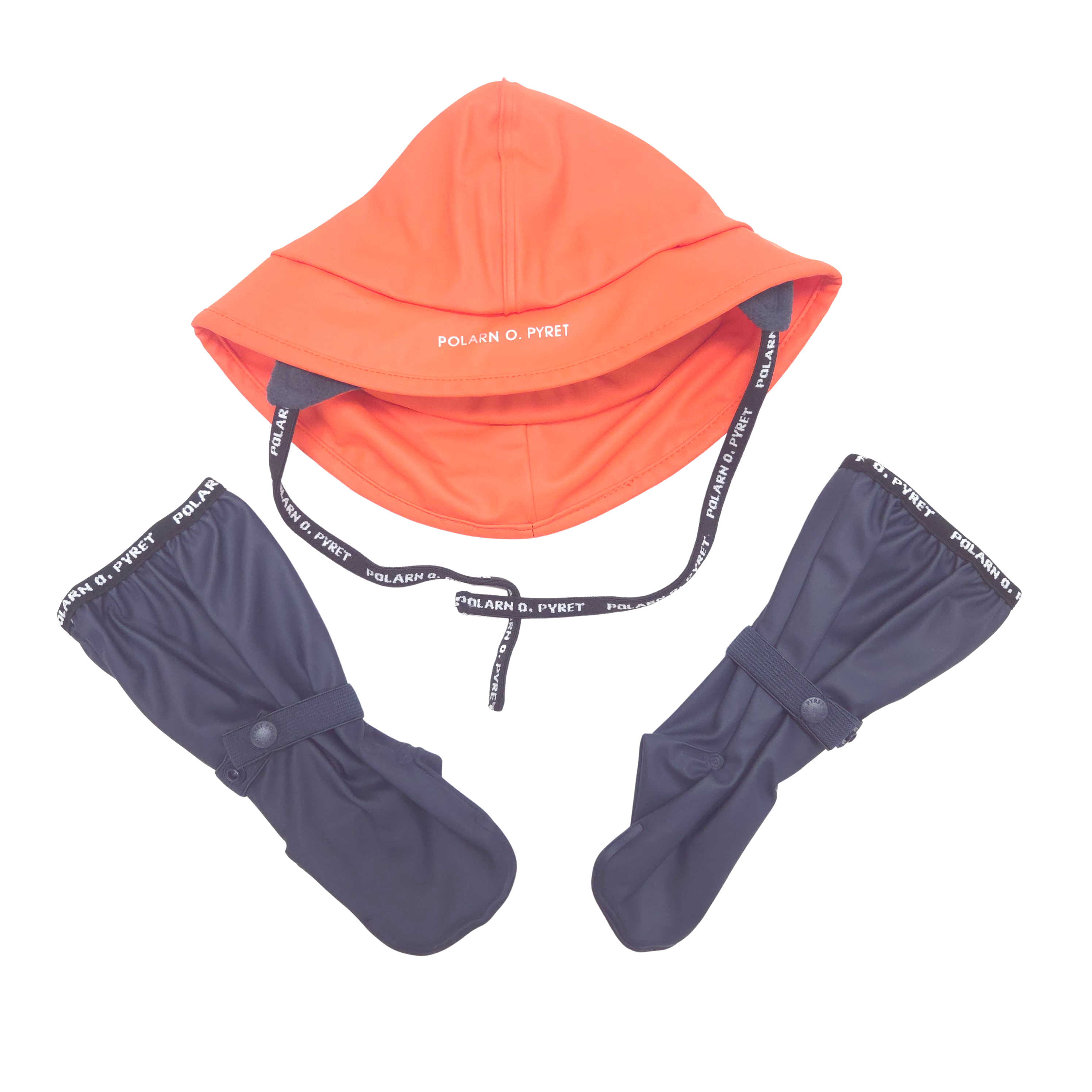 A children's rain protection set by Polarn O. Pyret, featuring an orange rain hat with chin strap, paired with two navy blue rain mittens, laid out on a white background.