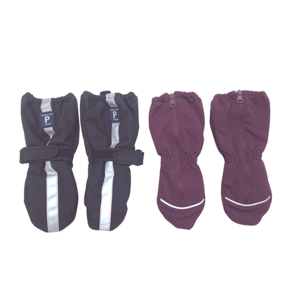 The set includes one pair winter black mittens, size 1-2Y, and one pair of red shell mittens, size 1-2Y.