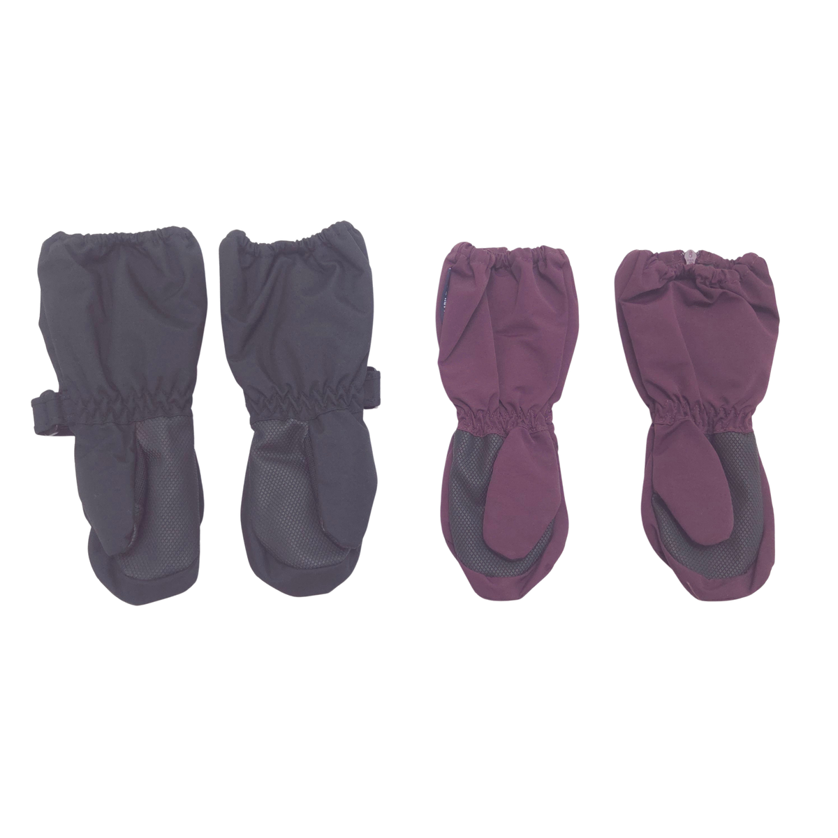 The set includes one pair winter black mittens, size 1-2Y, and one pair of red shell mittens, size 1-2Y.