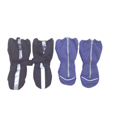 The set includes one pair of winter mittens, size 1-2Y, and one pair of blue shell mittens, size 1-2Y.