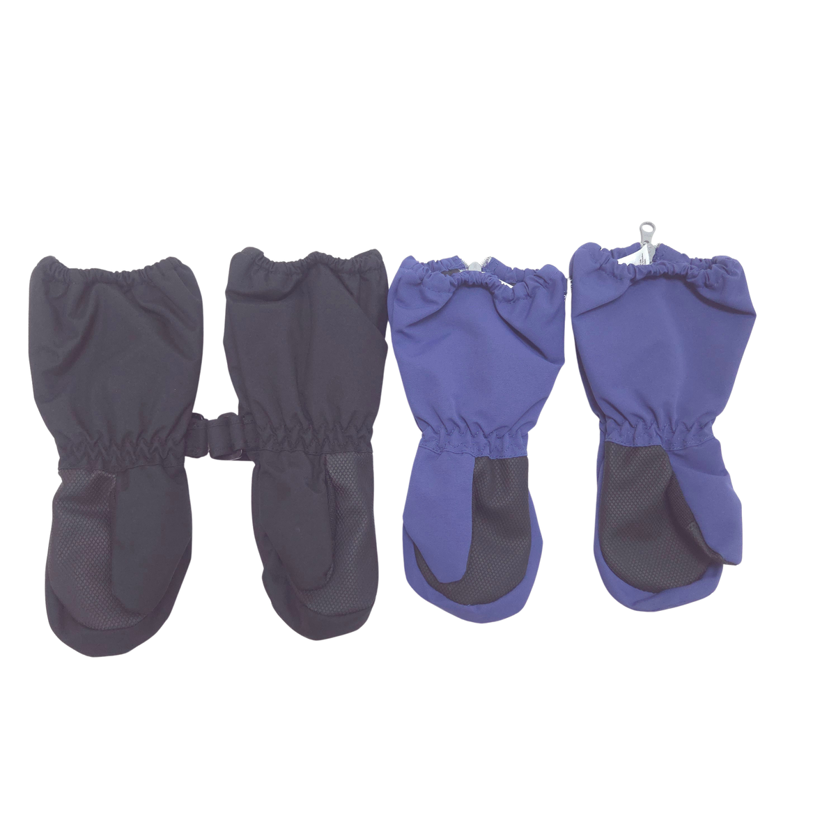The set includes one pair of winter mittens, size 1-2Y, and one pair of blue shell mittens, size 1-2Y.