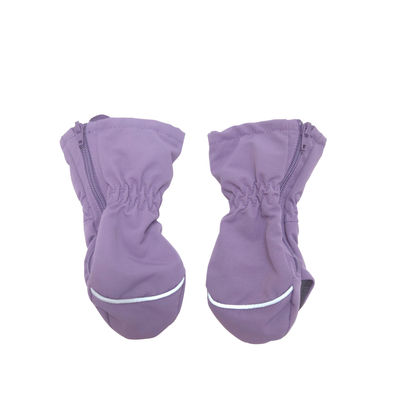 A pair of lavender purple shell mittens with elasticated cuffs, side zippers, and a thin white stripe near the bottom, shown on a plain white background.
