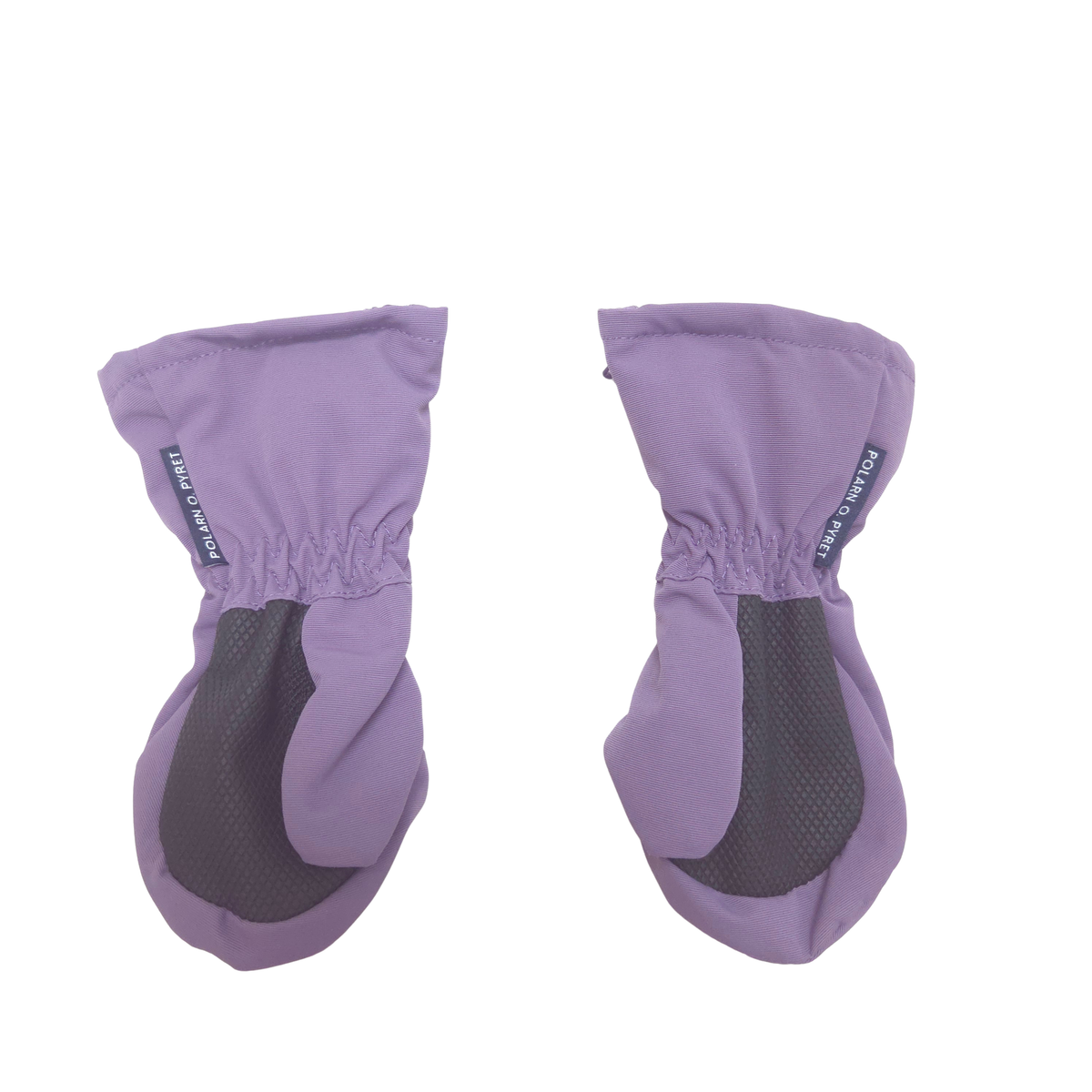 A pair of lavender purple mittens with dark gray textured non-slip palm, shown on a plain white background.