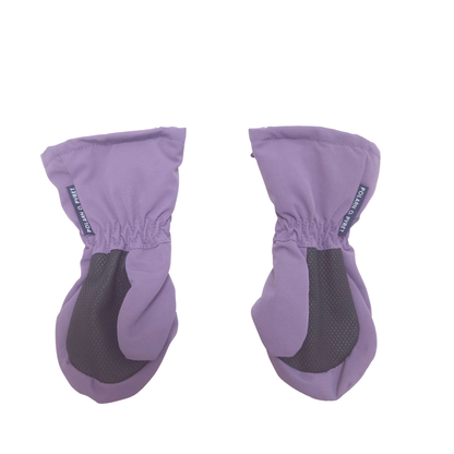 A pair of lavender purple mittens with dark gray textured non-slip palm, shown on a plain white background.