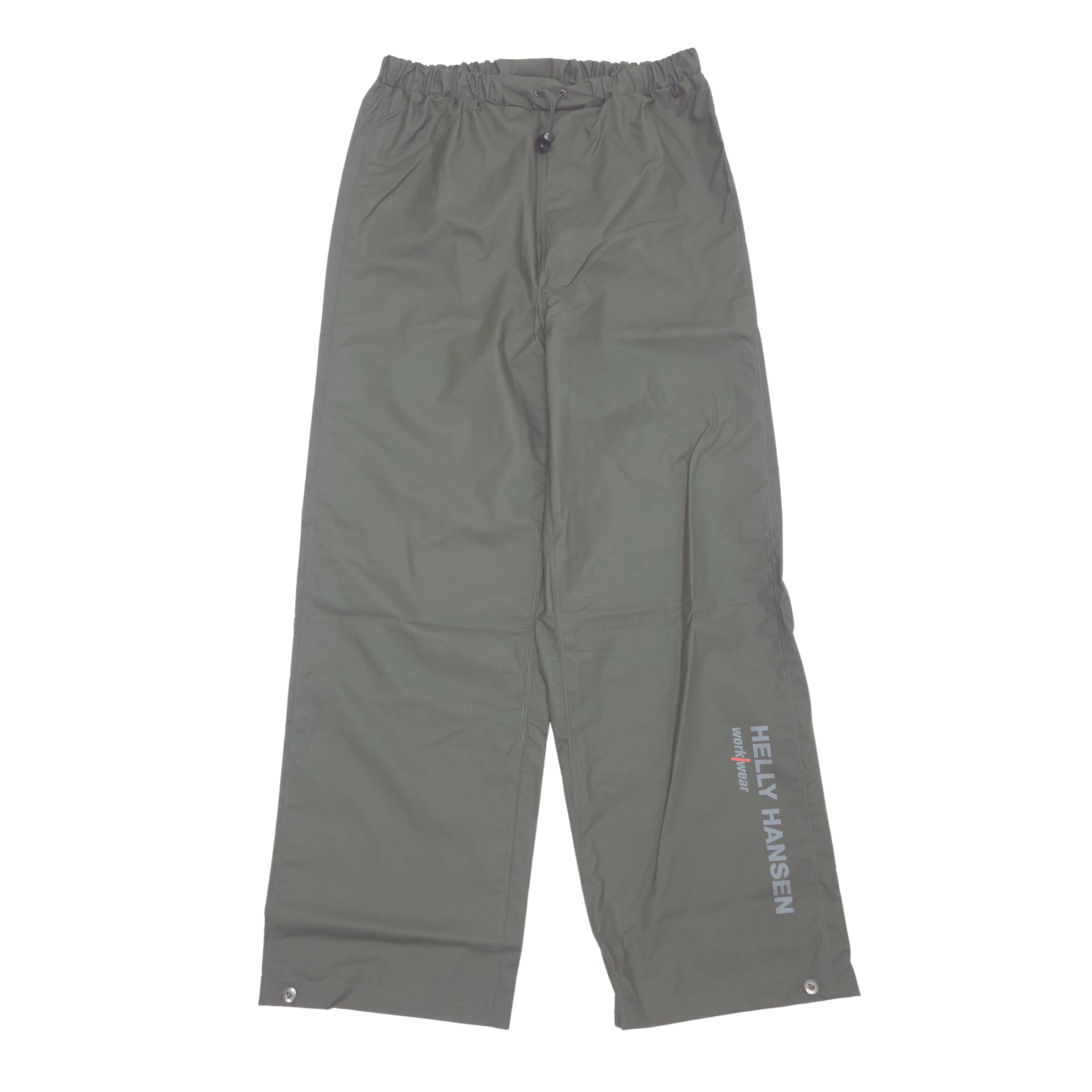 Green waterproof pants with an elastic waistband, side gussets, and vertical 'HELLY HANSEN' branding printed in white on the lower left leg, shown flat on a white background.