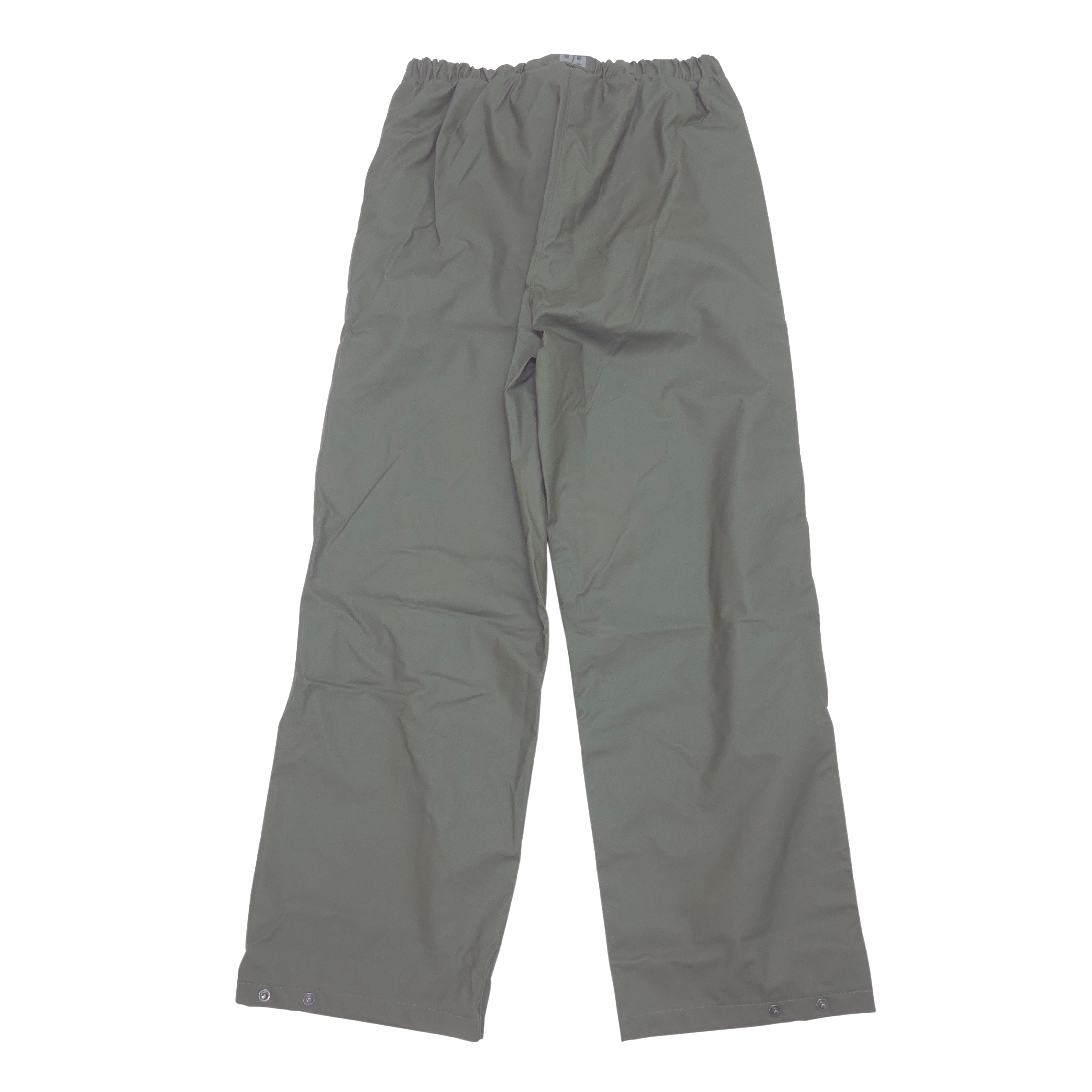 A pair of green rain pants with an elastic waistband and adjustable ankle cuffs, laid flat against a white background.