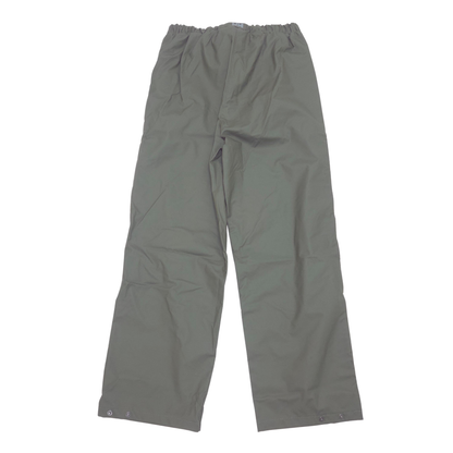 A pair of green rain pants with an elastic waistband and adjustable ankle cuffs, laid flat against a white background.