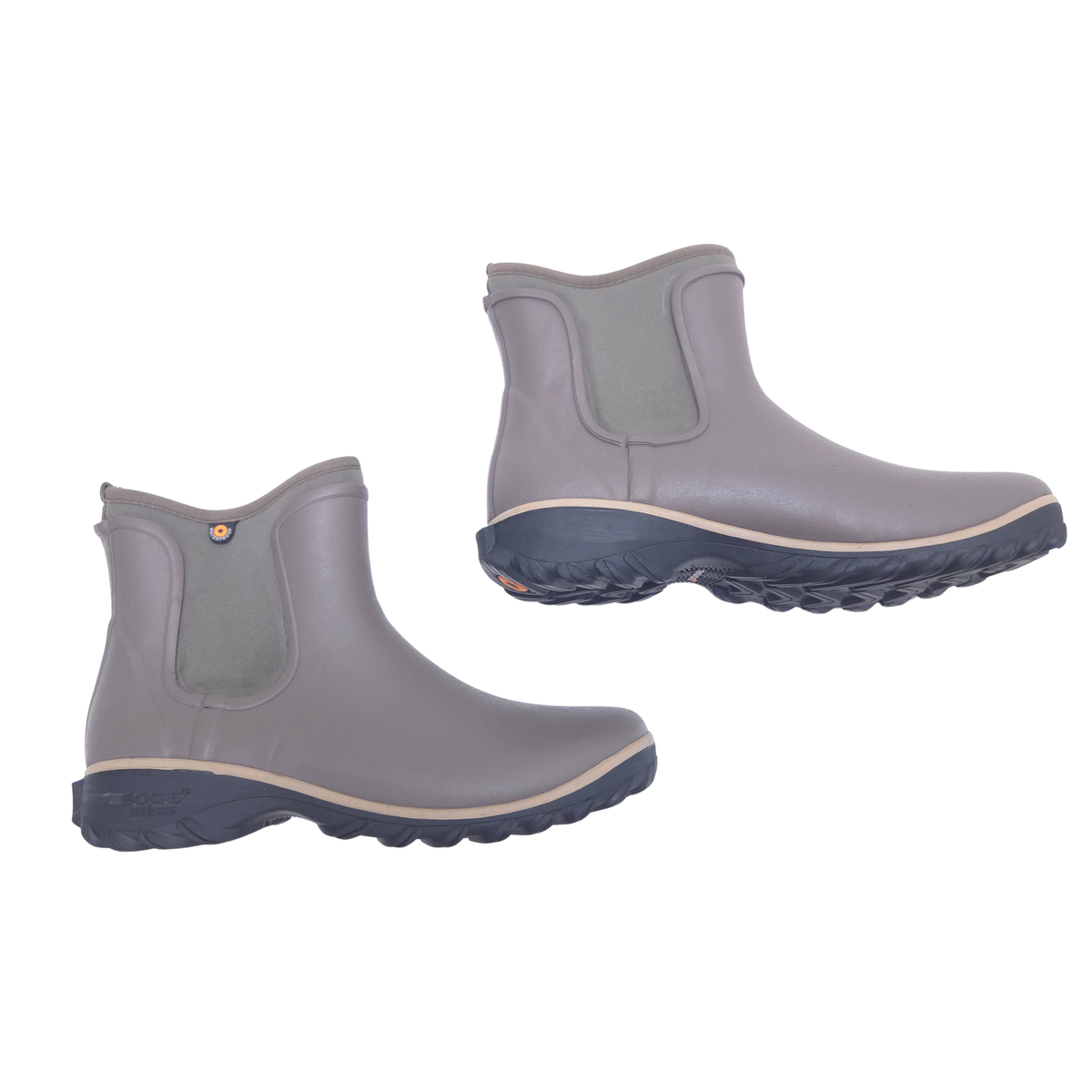 A pair of brown rubber rain boots with elastic side panels and dark grey soles, shown from the side on a plain white background.