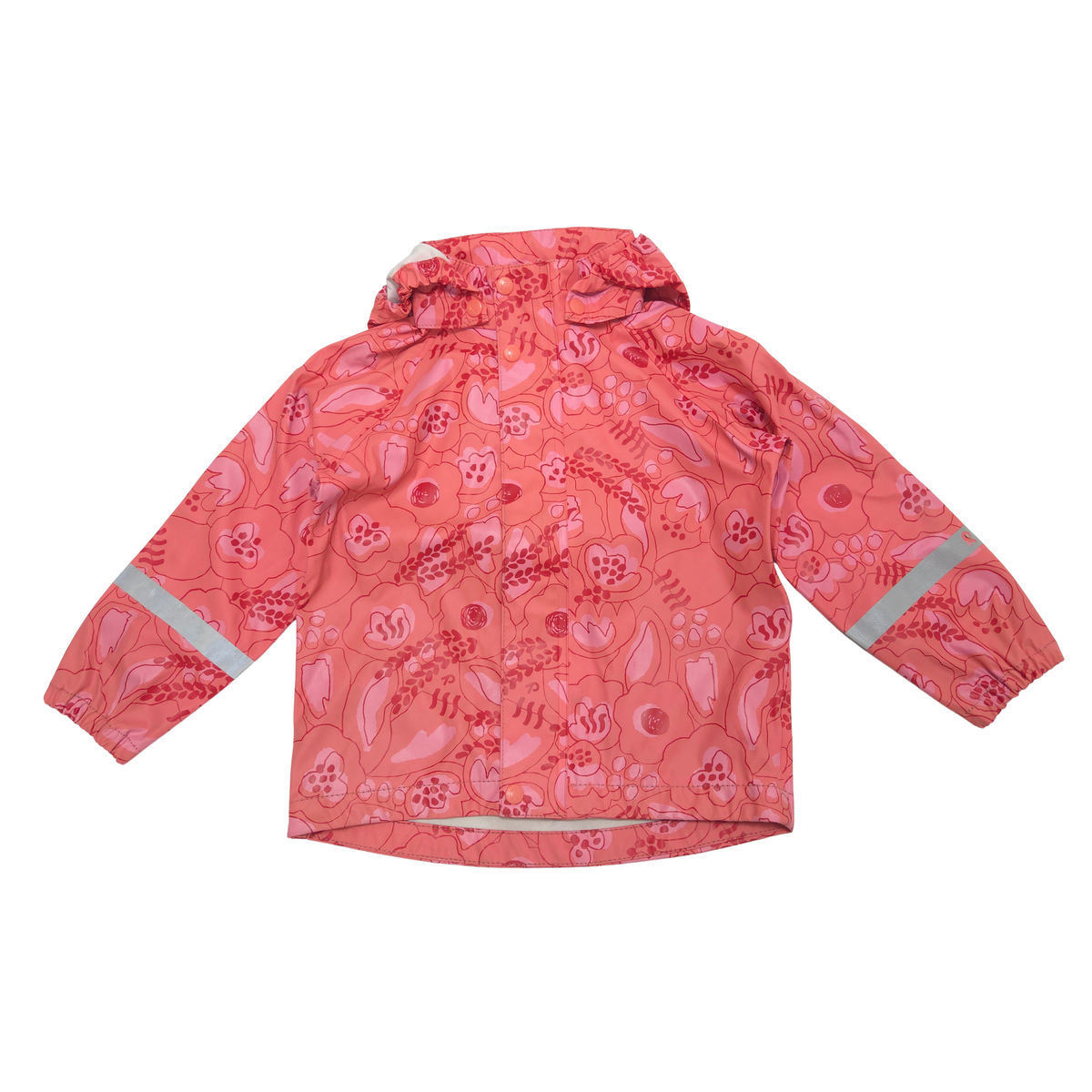 A children's hooded rain jacket in a coral pink and red botanical pattern, featuring reflective silver-gray stripes on the sleeves, shown flat on a white background.