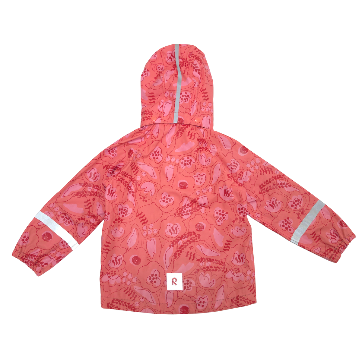 A children's hooded rain jacket shown from the back, featuring a coral pink and red botanical pattern with reflective silver stripes on the sleeves and a small white label with a red 'R' near the bottom.