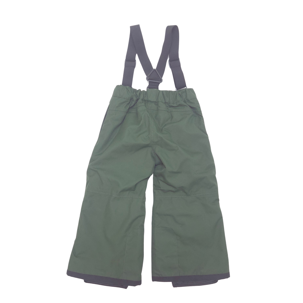 A pair of children's snow pants in olive green with black suspenders and hem trim, shown flat against a white background.