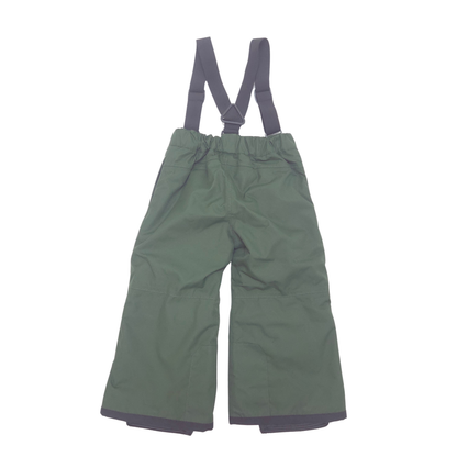 A pair of children's snow pants in olive green with black suspenders and hem trim, shown flat against a white background.