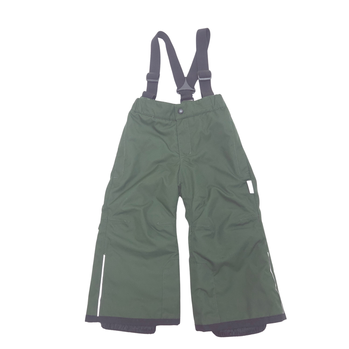 Olive green snow pants with black suspenders, shown flat against a white background