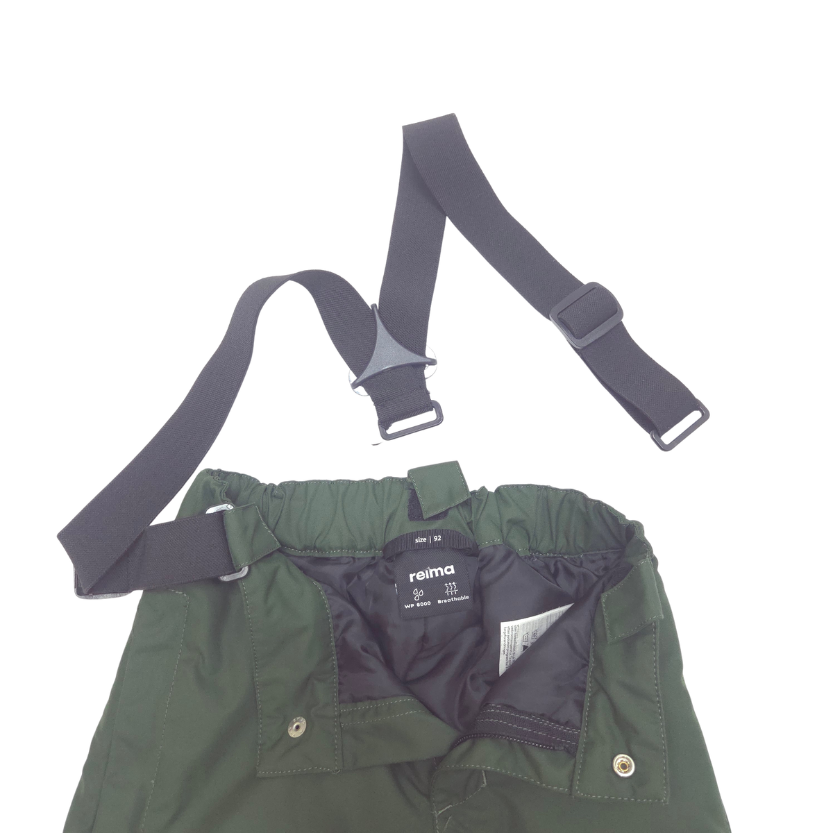 Green waterproof pants with a black removable and adjustable suspenders strap, laid flat on a white background.