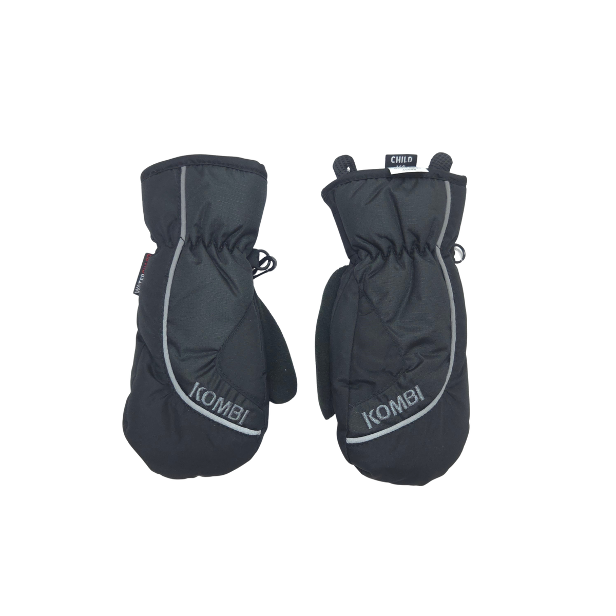 A pair of black KOMBI winter mittens with light gray piping and white KOMBI branding, displayed against a solid white background.