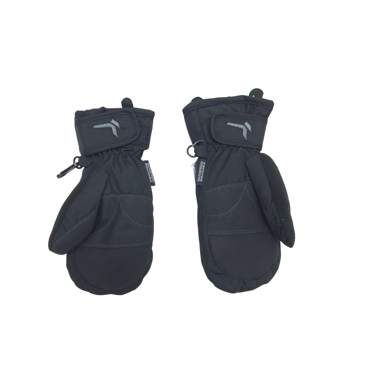 A pair of black winter mittens with gray logo accents on the wrist straps, displayed against a solid white background.