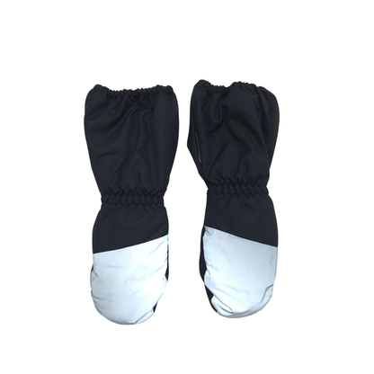 A pair of black and reflective winter mittens shown flat against a white background.
