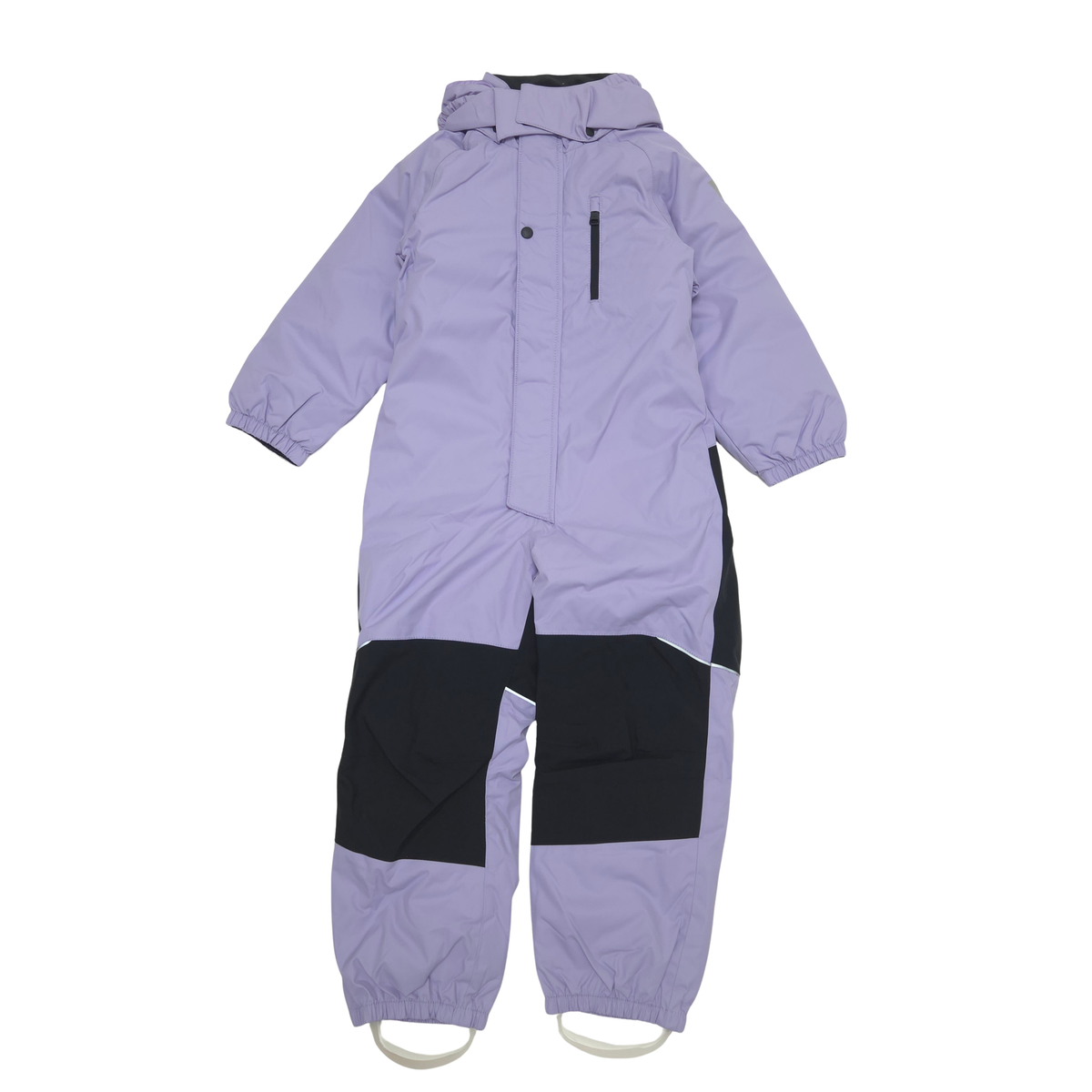 A children's hooded one-piece snowsuit in light lavender purple with black contrast panels on the legs, shown flat against a solid white background.