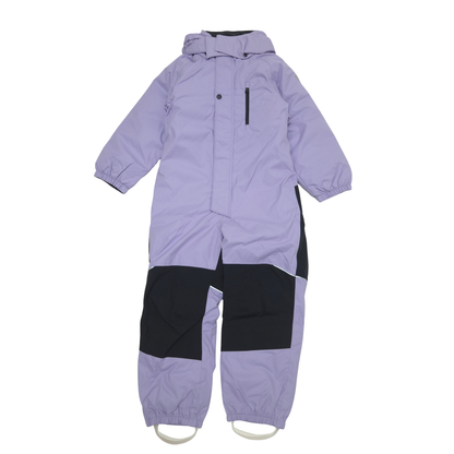 A children's hooded one-piece snowsuit in light lavender purple with black contrast panels on the legs, shown flat against a solid white background.