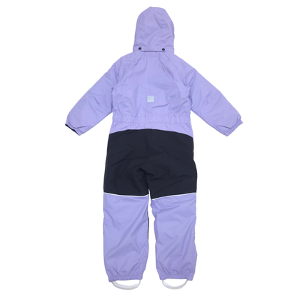 A children's hooded snowsuit shown from the back, featuring a light purple/lavender upper body and hood, a black central panel, and matching light purple lower legs with white elastic cuffs.