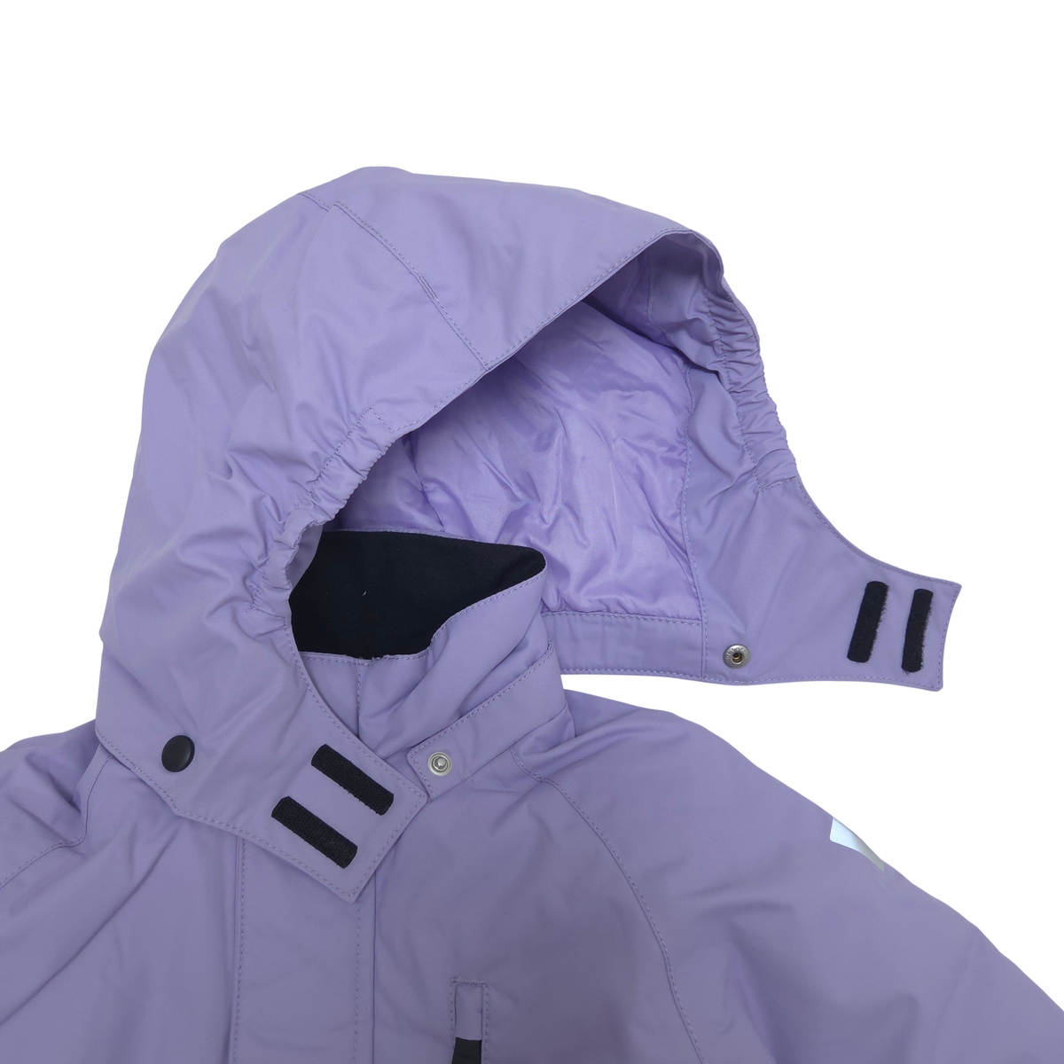 A close-up of a light purple hooded jacket with black trim details, including a black-lined collar and black hook-and-loop strap closures on the hood and collar, shown against a plain white background.