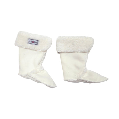 A pair of off-white boot liners with plush cream sherpa cuffs, shown against a plain white background. A small brand label reading 'STONZ' is visible on the left bootie cuff.